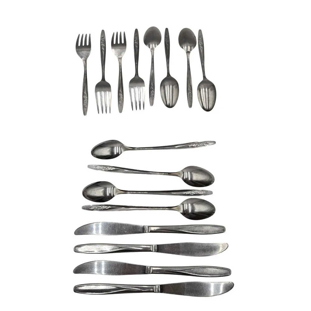 Vtg Stainless Steel Flatware Set Radiant Rose Floral Design‎ 16 Pieces